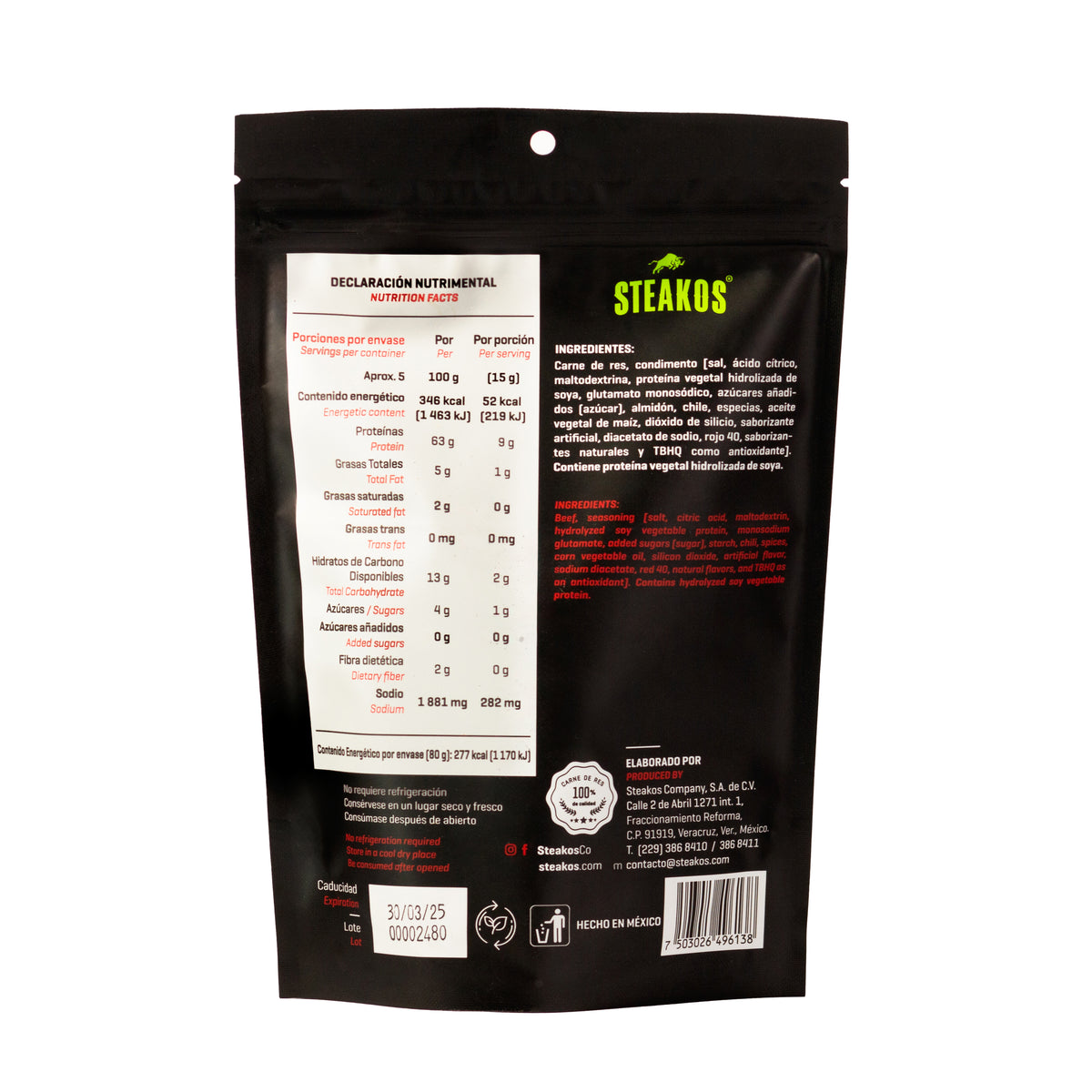 Carne seca Steakos, Sabor Chile Limón, 80g – Steakos Company